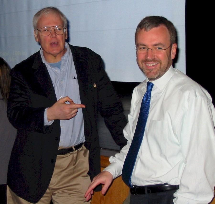 Steve Capus, at right, speaking with Bucks Board of Trustees member Bill Calkins during one of his appearances at the journalism programs Media Day events.