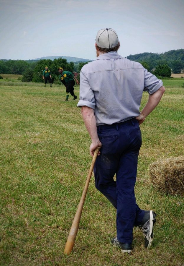Will "Animal" Loller waits for his turn to bat at Saturday's game at the Gettysburg National 19th Century Baseball Event 