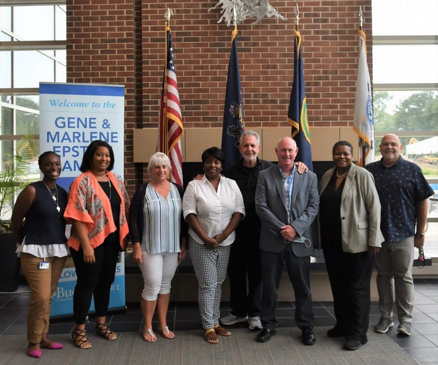 College President Dr. Felicia L. Ganther, Donor Gene Epstein and Bucks staff kick off the Vaxx Blitz at Bristol Campus