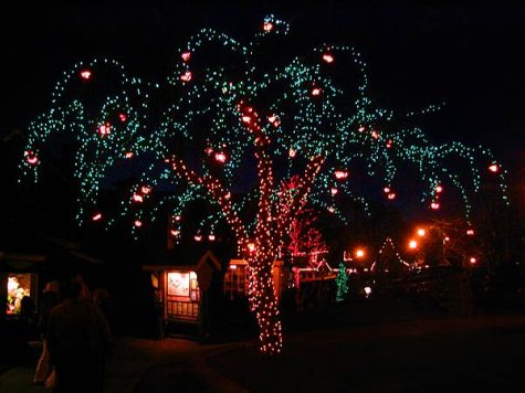 A tree decorated with Christmas lights in Peddlers Village