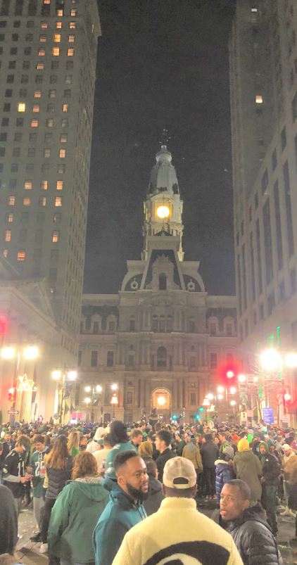 Fans gather in Philadelphia following the game. 